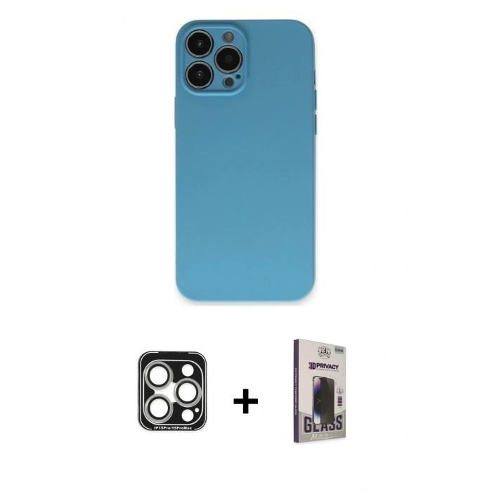 MARSİLYAN™- iPhone 15 Pro Max Kılıf Ahenk Serisi - Siyah Bilvis Hayalet Cam Ekran Koruyucu + PVD Metal Kamera Lens - GS