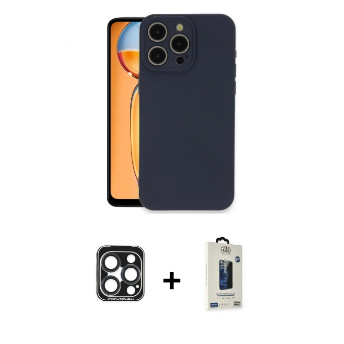 MARSİLYAN™- iPhone 15 Pro Max Kılıf Ahenk Serisi - Siyah Bilvis Hayalet Cam Ekran Koruyucu + PVD Metal Kamera Lens - LT