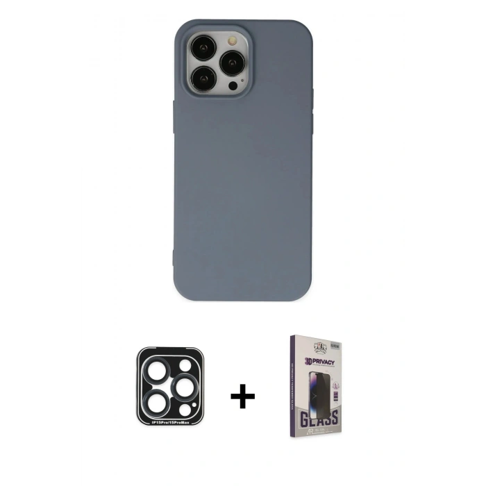 MARSİLYAN™- iPhone 15 Pro Max Kılıf Ahenk Serisi - Siyah Bilvis Hayalet Cam Ekran Koruyucu + PVD Metal Kamera Lens - LT