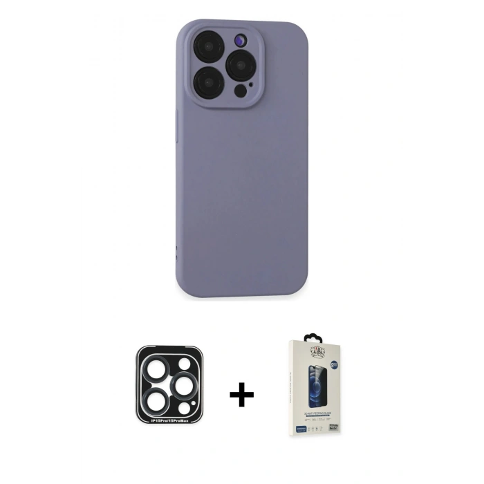 MARSİLYAN™- iPhone 15 Pro Max Kılıf Ahenk Serisi - Siyah Bilvis Hayalet Cam Ekran Koruyucu + PVD Metal Kamera Lens - LT