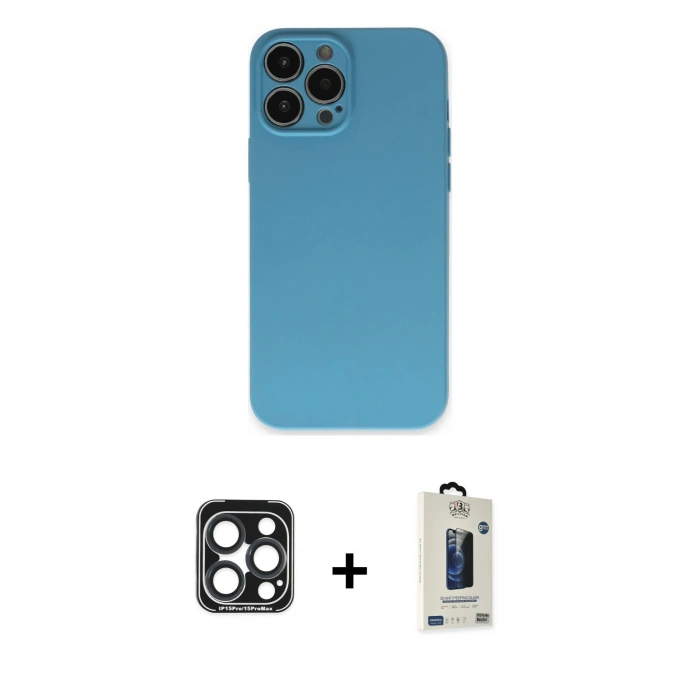 MARSİLYAN™- iPhone 15 Pro Max Kılıf Ahenk Serisi - Siyah Bilvis Hayalet Cam Ekran Koruyucu + PVD Metal Kamera Lens - LT