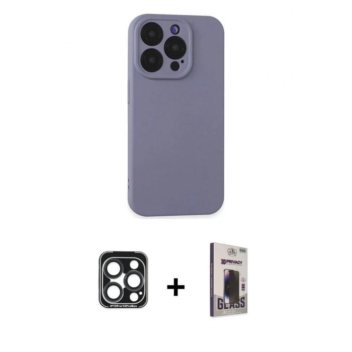 MARSİLYAN™- iPhone 15 Pro Max Kılıf Ahenk Serisi - Siyah Bilvis Hayalet Cam Ekran Koruyucu + PVD Metal Kamera Lens - LT