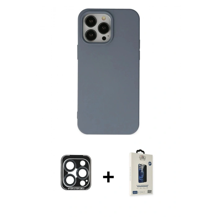 MARSİLYAN™- iPhone 15 Pro Max Kılıf Ahenk Serisi - Siyah Bilvis Hayalet Cam Ekran Koruyucu + PVD Metal Kamera Lens - LT