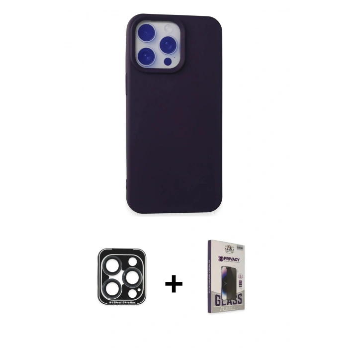 MARSİLYAN™- iPhone 15 Pro Max Kılıf Ahenk Serisi - Siyah Bilvis Hayalet Cam Ekran Koruyucu + PVD Metal Kamera Lens - LT