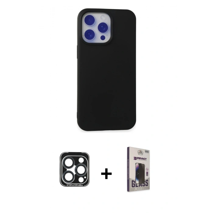 MARSİLYAN™- iPhone 15 Pro Max Kılıf Ahenk Serisi - Siyah Bilvis Hayalet Cam Ekran Koruyucu + PVD Metal Kamera Lens - LT