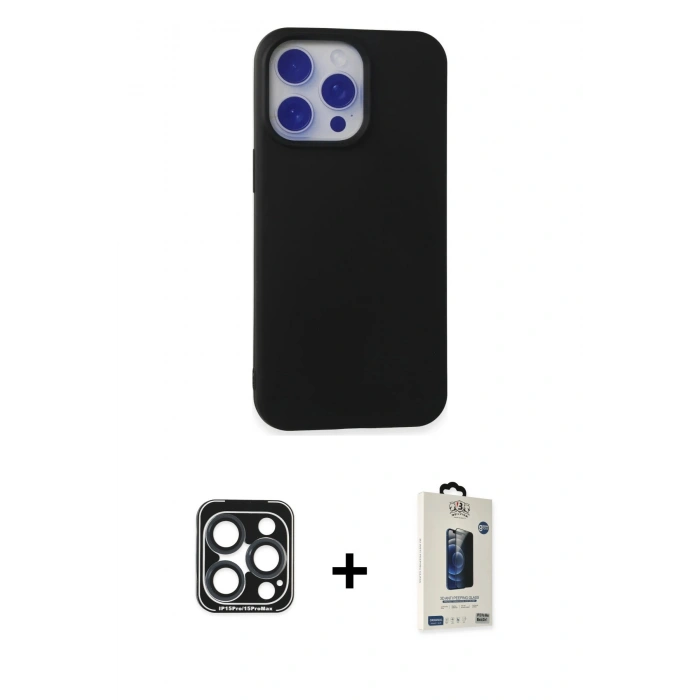 MARSİLYAN™- iPhone 15 Pro Max Kılıf Ahenk Serisi - Siyah Bilvis Hayalet Cam Ekran Koruyucu + PVD Metal Kamera Lens - LT