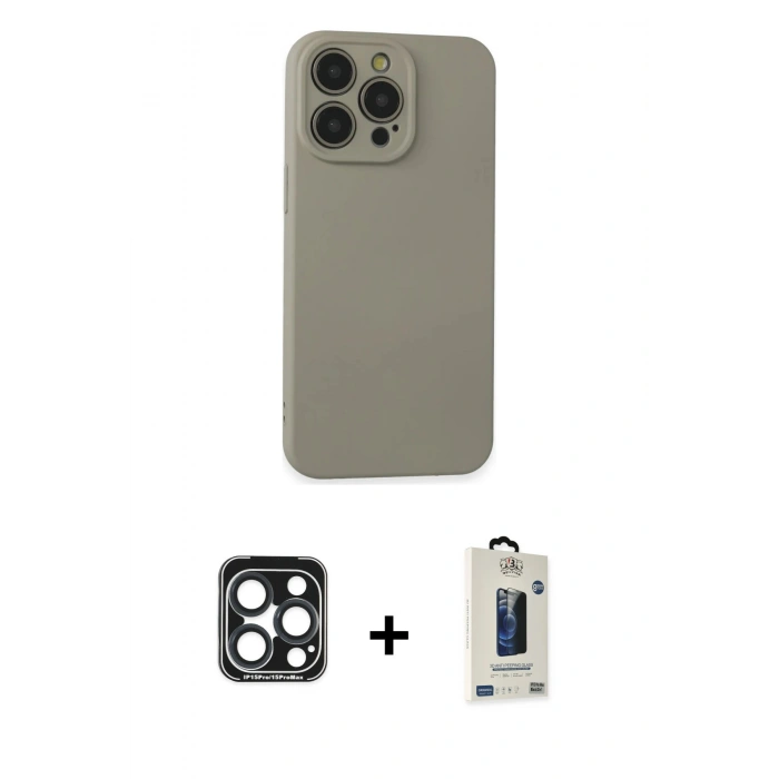 MARSİLYAN™- iPhone 15 Pro Max Kılıf Ahenk Serisi - Siyah Bilvis Hayalet Cam Ekran Koruyucu + PVD Metal Kamera Lens - LT