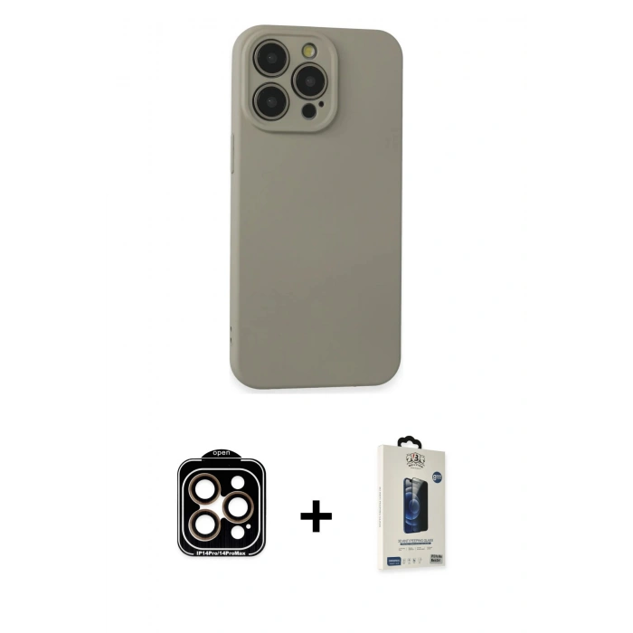 MARSİLYAN™- iPhone 15 Pro Max Kılıf Ahenk Serisi - Siyah Bilvis Hayalet Cam Ekran Koruyucu + Turuncu PVD Metal Kamera Lens