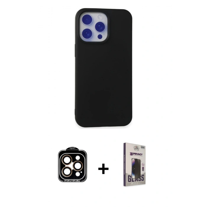 MARSİLYAN™- iPhone 15 Pro Max Kılıf Ahenk Serisi - Siyah Bilvis Hayalet Cam Ekran Koruyucu + PVD Metal Kamera Lens - TU