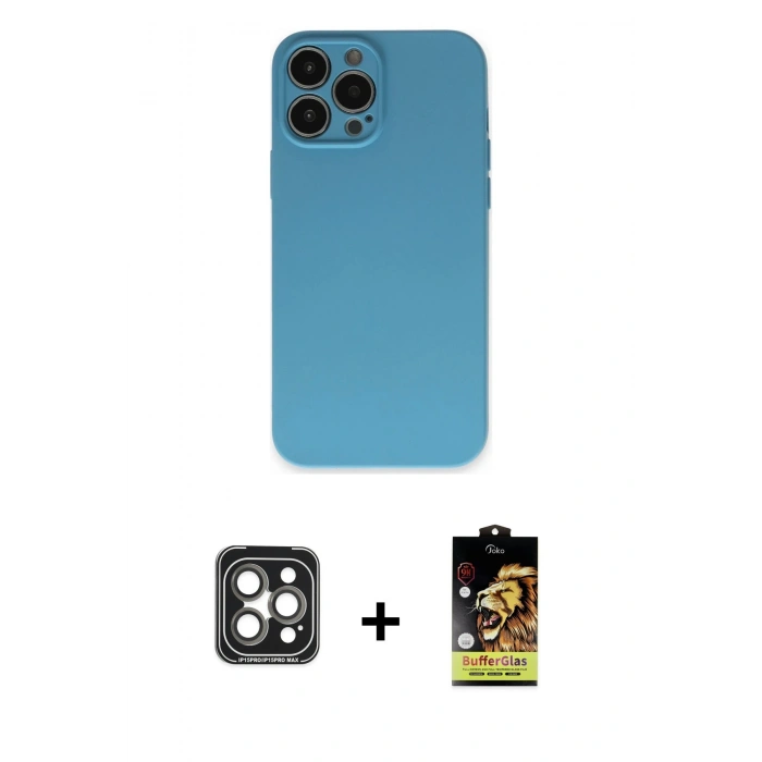 MARSİLYAN™- iPhone 15 Pro Max Kılıf Ahenk Serisi - Siyah Buffer Cam Ekran Koruyucu + Gri PVD Metal Kamera Lens