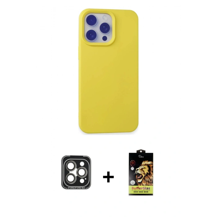 MARSİLYAN™- iPhone 15 Pro Max Kılıf Ahenk Serisi - Siyah Buffer Cam Ekran Koruyucu + Gri PVD Metal Kamera Lens
