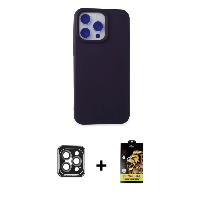 MARSİLYAN™- iPhone 15 Pro Max Kılıf Ahenk Serisi - Siyah Buffer Cam Ekran Koruyucu + Gri PVD Metal Kamera Lens