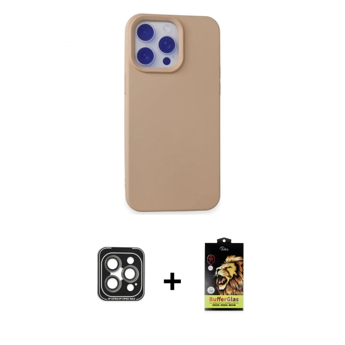 MARSİLYAN™- iPhone 15 Pro Max Kılıf Ahenk Serisi - Siyah Buffer Cam Ekran Koruyucu + Gri PVD Metal Kamera Lens