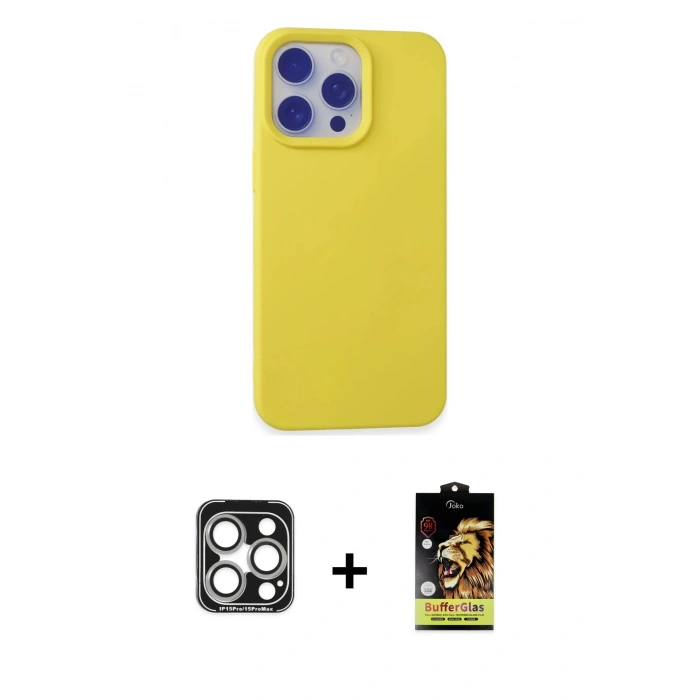 MARSİLYAN™- iPhone 15 Pro Max Kılıf Ahenk Serisi - Siyah Buffer Cam Ekran Koruyucu + PVD Metal Kamera Lens - GS