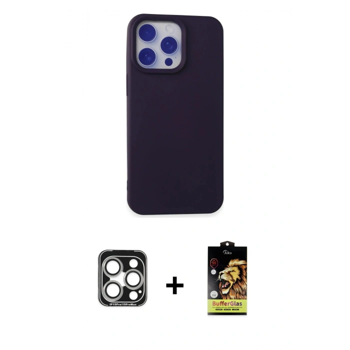 MARSİLYAN™- iPhone 15 Pro Max Kılıf Ahenk Serisi - Siyah Buffer Cam Ekran Koruyucu + PVD Metal Kamera Lens - GS