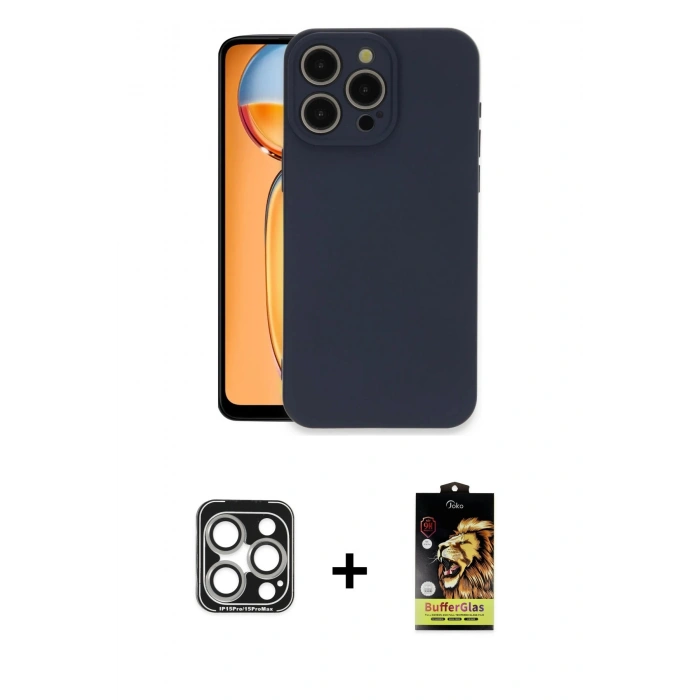 MARSİLYAN™- iPhone 15 Pro Max Kılıf Ahenk Serisi - Siyah Buffer Cam Ekran Koruyucu + PVD Metal Kamera Lens - GS