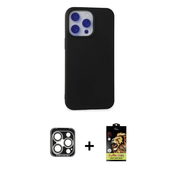 MARSİLYAN™- iPhone 15 Pro Max Kılıf Ahenk Serisi - Siyah Buffer Cam Ekran Koruyucu + PVD Metal Kamera Lens - GS