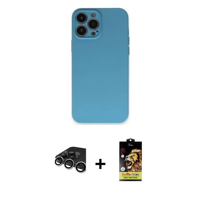MARSİLYAN™- iPhone 15 Pro Max Kılıf Ahenk Serisi - Siyah Buffer Cam Ekran Koruyucu + Raze Metal Kamera Lens - GS