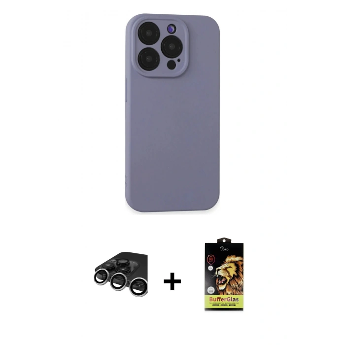 MARSİLYAN™- iPhone 15 Pro Max Kılıf Ahenk Serisi - Siyah Buffer Cam Ekran Koruyucu + Raze Metal Kamera Lens - GS