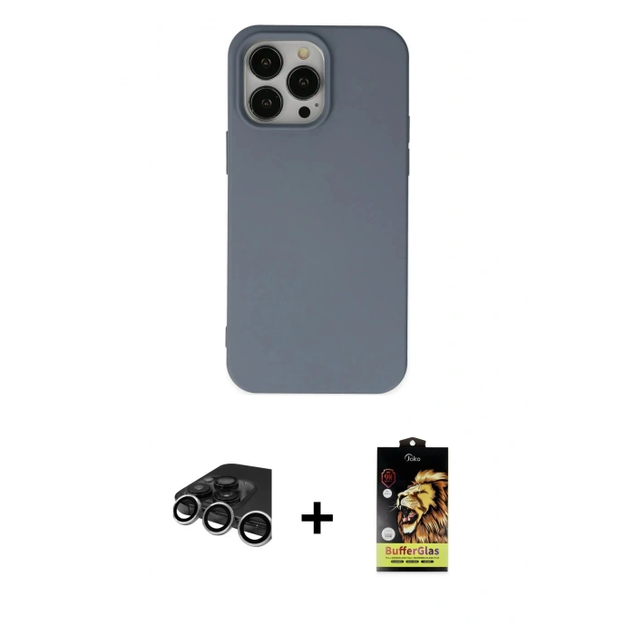 MARSİLYAN™- iPhone 15 Pro Max Kılıf Ahenk Serisi - Siyah Buffer Cam Ekran Koruyucu + Raze Metal Kamera Lens - GS