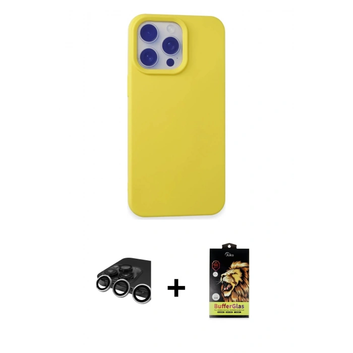 MARSİLYAN™- iPhone 15 Pro Max Kılıf Ahenk Serisi - Siyah Buffer Cam Ekran Koruyucu + Raze Metal Kamera Lens - GS