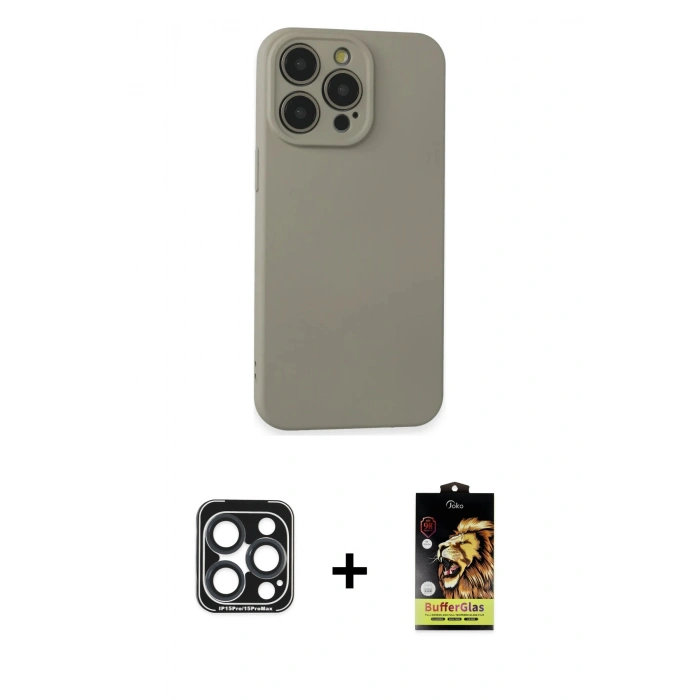 MARSİLYAN™- iPhone 15 Pro Max Kılıf Ahenk Serisi - Siyah Buffer Cam Ekran Koruyucu + PVD Metal Kamera Lens - LT