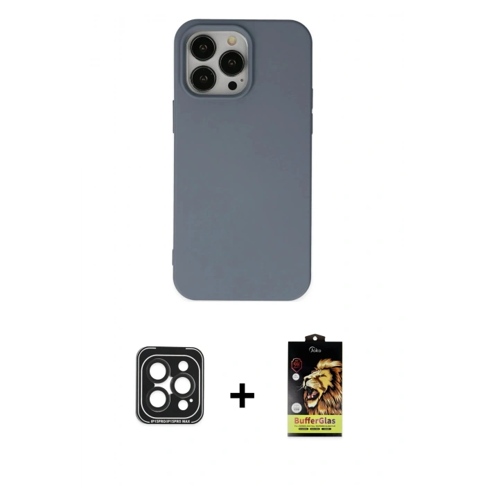 MARSİLYAN™- iPhone 15 Pro Max Kılıf Ahenk Serisi - Siyah Buffer Cam Ekran Koruyucu + PVD Metal Kamera Lens - SH