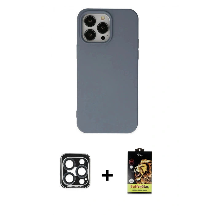 MARSİLYAN™- iPhone 15 Pro Max Kılıf Ahenk Serisi - Siyah Buffer Cam Ekran Koruyucu + PVD Metal Kamera Lens - LT
