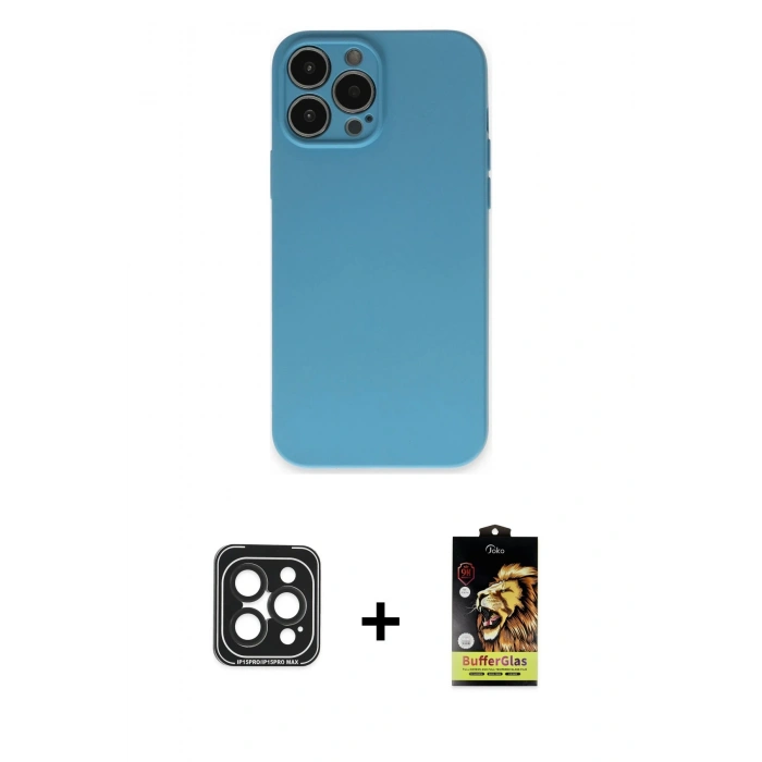 MARSİLYAN™- iPhone 15 Pro Max Kılıf Ahenk Serisi - Siyah Buffer Cam Ekran Koruyucu + PVD Metal Kamera Lens - SH