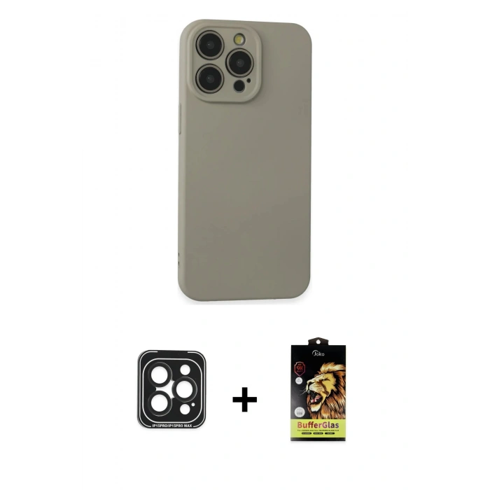 MARSİLYAN™- iPhone 15 Pro Max Kılıf Ahenk Serisi - Siyah Buffer Cam Ekran Koruyucu + PVD Metal Kamera Lens - SH