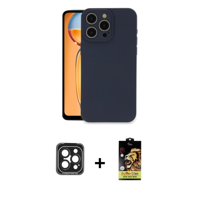 MARSİLYAN™- iPhone 15 Pro Max Kılıf Ahenk Serisi - Siyah Buffer Cam Ekran Koruyucu + PVD Metal Kamera Lens - SH