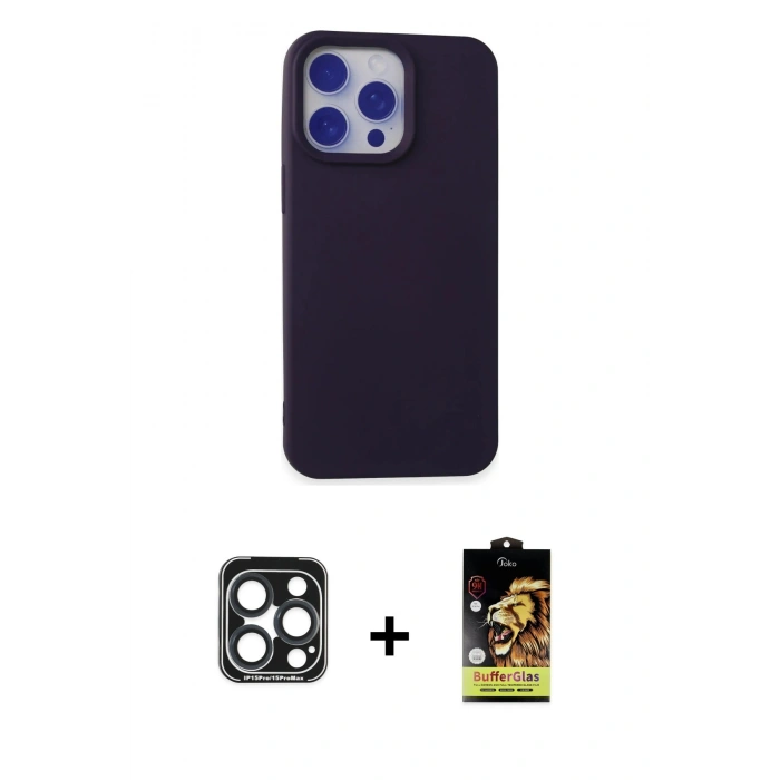 MARSİLYAN™- iPhone 15 Pro Max Kılıf Ahenk Serisi - Siyah Buffer Cam Ekran Koruyucu + PVD Metal Kamera Lens - LT