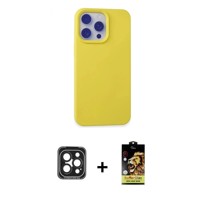 MARSİLYAN™- iPhone 15 Pro Max Kılıf Ahenk Serisi - Siyah Buffer Cam Ekran Koruyucu + PVD Metal Kamera Lens - SH