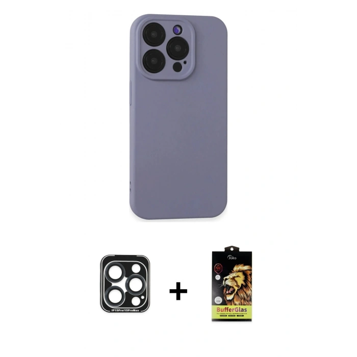 MARSİLYAN™- iPhone 15 Pro Max Kılıf Ahenk Serisi - Siyah Buffer Cam Ekran Koruyucu + PVD Metal Kamera Lens - LT