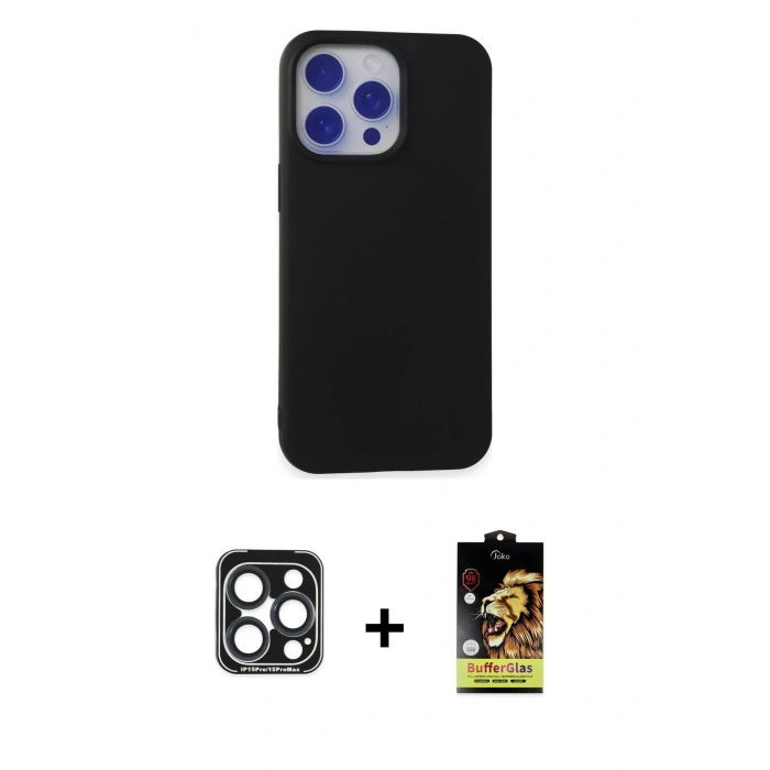 MARSİLYAN™- iPhone 15 Pro Max Kılıf Ahenk Serisi - Siyah Buffer Cam Ekran Koruyucu + PVD Metal Kamera Lens - LT