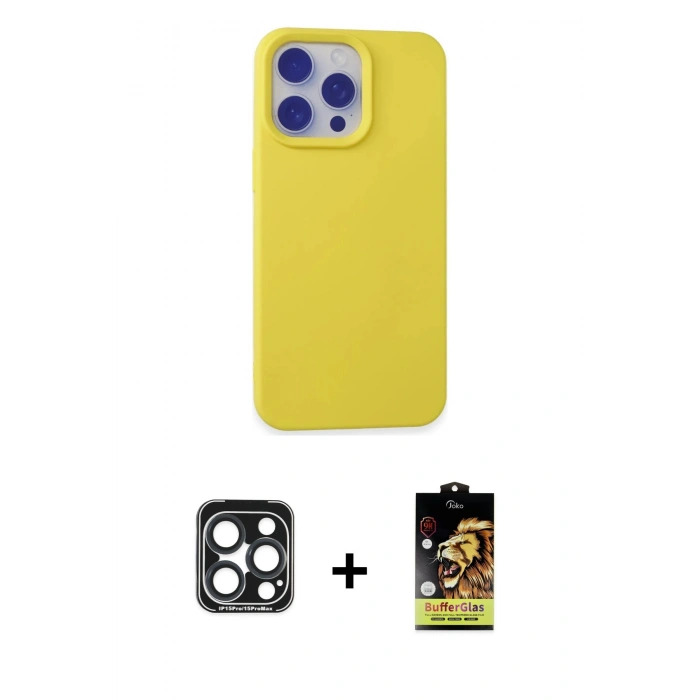 MARSİLYAN™- iPhone 15 Pro Max Kılıf Ahenk Serisi - Siyah Buffer Cam Ekran Koruyucu + PVD Metal Kamera Lens - LT