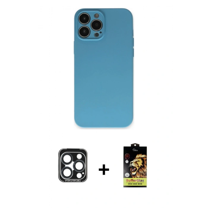 MARSİLYAN™- iPhone 15 Pro Max Kılıf Ahenk Serisi - Siyah Buffer Cam Ekran Koruyucu + PVD Metal Kamera Lens - LT