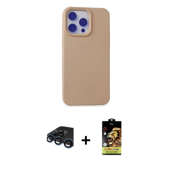 MARSİLYAN™- iPhone 15 Pro Max Kılıf Ahenk Serisi - Siyah Buffer Cam Ekran Koruyucu + Raze Metal Kamera Lens - LT