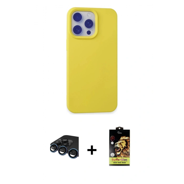 MARSİLYAN™- iPhone 15 Pro Max Kılıf Ahenk Serisi - Siyah Buffer Cam Ekran Koruyucu + Raze Metal Kamera Lens - LT