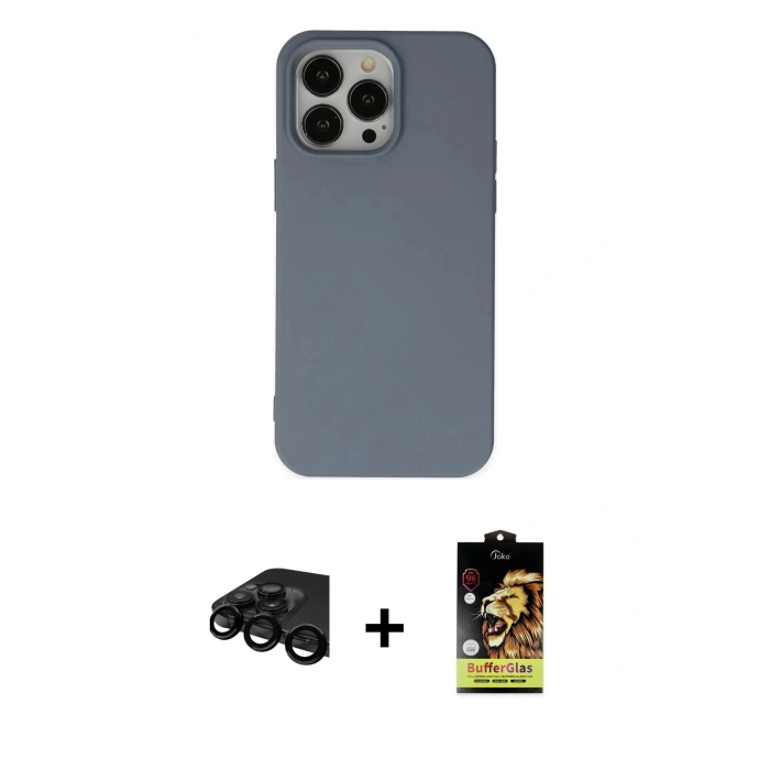 MARSİLYAN™- iPhone 15 Pro Max Kılıf Ahenk Serisi - Siyah Buffer Cam Ekran Koruyucu + Raze Metal Kamera Lens - SH