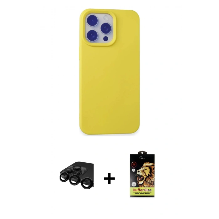 MARSİLYAN™- iPhone 15 Pro Max Kılıf Ahenk Serisi - Siyah Buffer Cam Ekran Koruyucu + Raze Metal Kamera Lens - SH