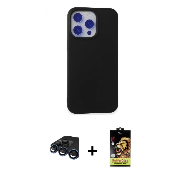 MARSİLYAN™- iPhone 15 Pro Max Kılıf Ahenk Serisi - Siyah Buffer Cam Ekran Koruyucu + Raze Metal Kamera Lens - LT