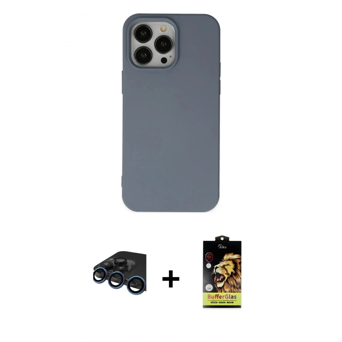 MARSİLYAN™- iPhone 15 Pro Max Kılıf Ahenk Serisi - Siyah Buffer Cam Ekran Koruyucu + Raze Metal Kamera Lens - LT