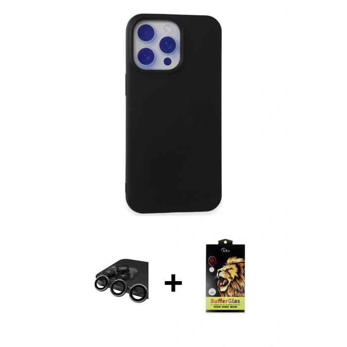MARSİLYAN™- iPhone 15 Pro Max Kılıf Ahenk Serisi - Siyah Buffer Cam Ekran Koruyucu + Raze Metal Kamera Lens - TMGI