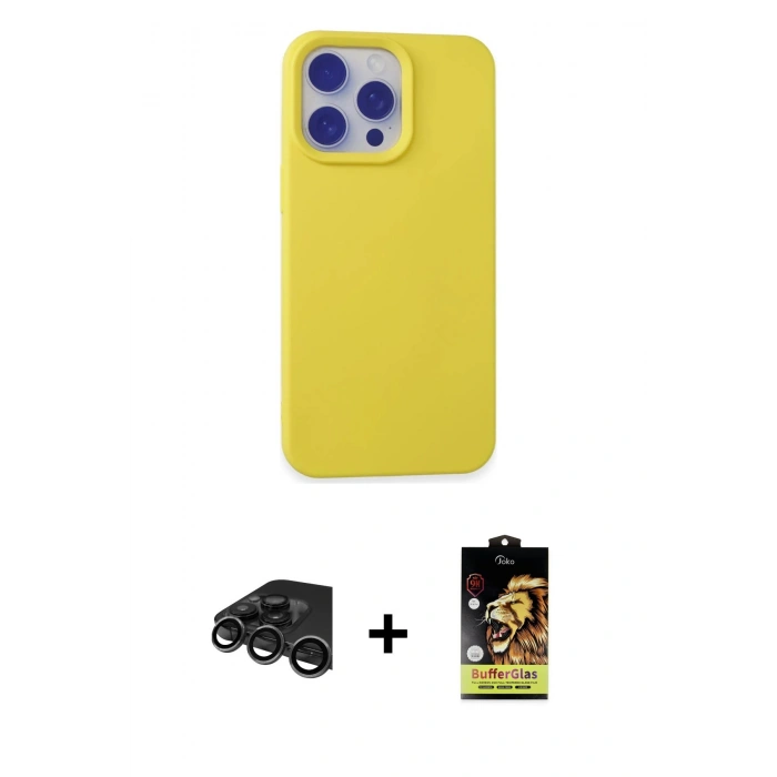MARSİLYAN™- iPhone 15 Pro Max Kılıf Ahenk Serisi - Siyah Buffer Cam Ekran Koruyucu + Raze Metal Kamera Lens - TMGI
