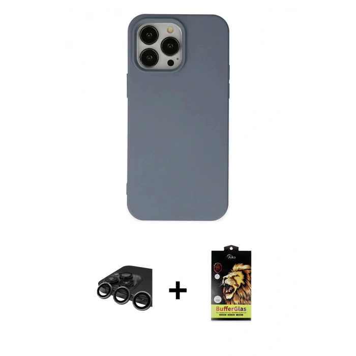 MARSİLYAN™- iPhone 15 Pro Max Kılıf Ahenk Serisi - Siyah Buffer Cam Ekran Koruyucu + Raze Metal Kamera Lens - TMGI