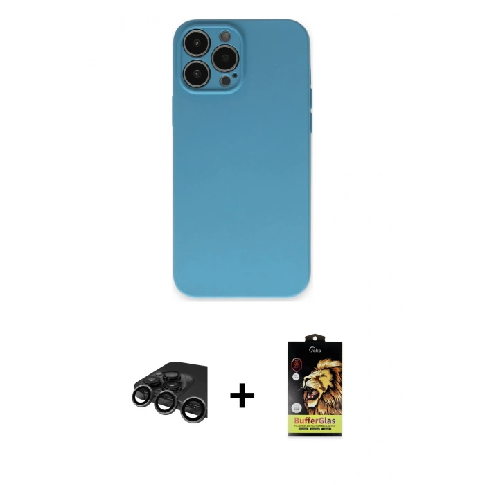 MARSİLYAN™- iPhone 15 Pro Max Kılıf Ahenk Serisi - Siyah Buffer Cam Ekran Koruyucu + Raze Metal Kamera Lens - TMGI