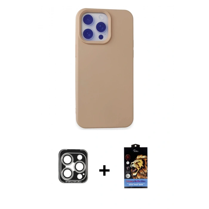 MARSİLYAN™- iPhone 15 Pro Max Kılıf Ahenk Serisi - Siyah Buffer Hayalet Cam Ekran Koruyucu + PVD Metal Kamera Lens - GS
