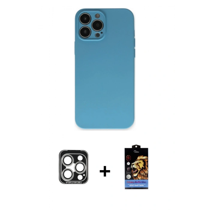 MARSİLYAN™- iPhone 15 Pro Max Kılıf Ahenk Serisi - Siyah Buffer Hayalet Cam Ekran Koruyucu + PVD Metal Kamera Lens - GS