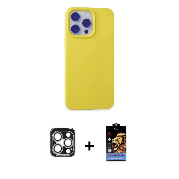 MARSİLYAN™- iPhone 15 Pro Max Kılıf Ahenk Serisi - Siyah Buffer Hayalet Cam Ekran Koruyucu + PVD Metal Kamera Lens - GS